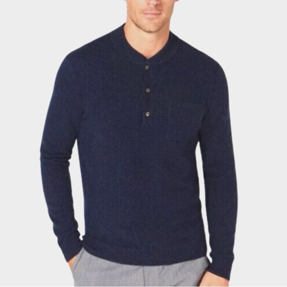 Tasso Elba Sweater Mens Navy Blue 100% Cashmere‎ Knit Pocket Henley Shirt Size S